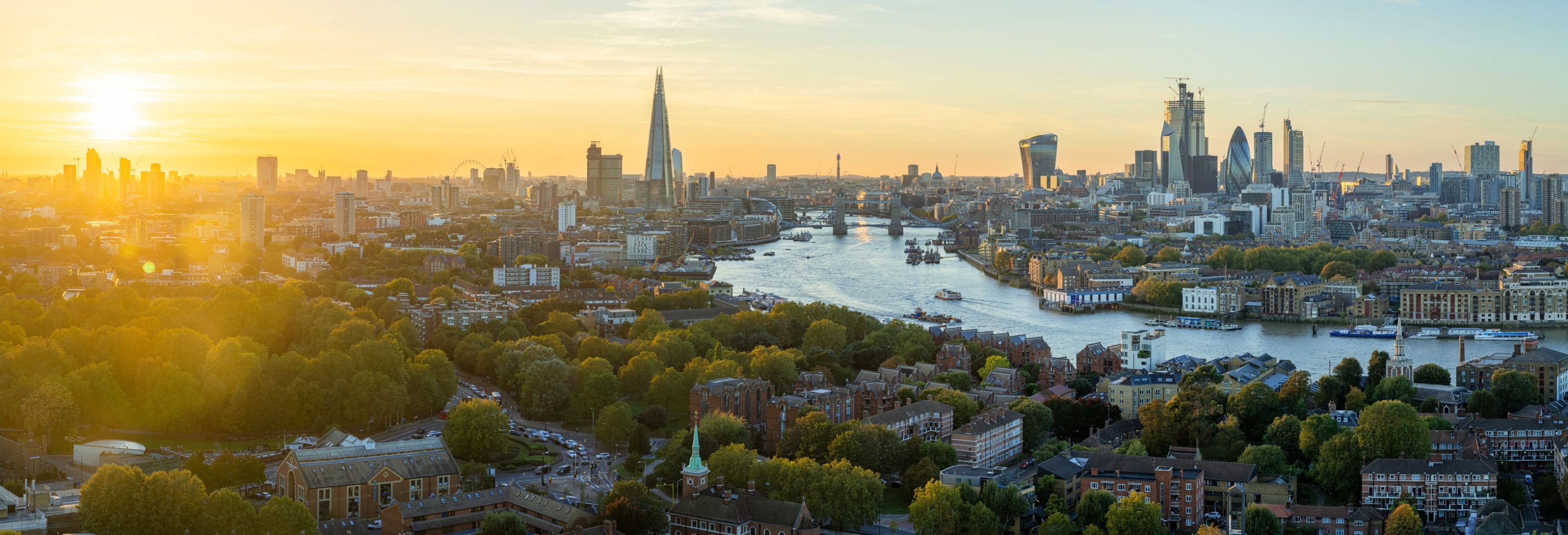 London skyline at sunset along the Thames