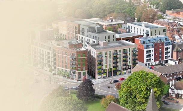 Aerial view of a mixed-use residential and commercial development